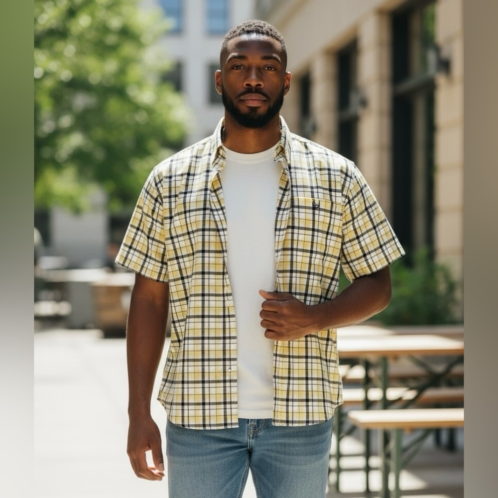 CHAPS RALPH LAUREN XXL Yelliw Navy Plaid Woven Camp Shirt Button Down R $55